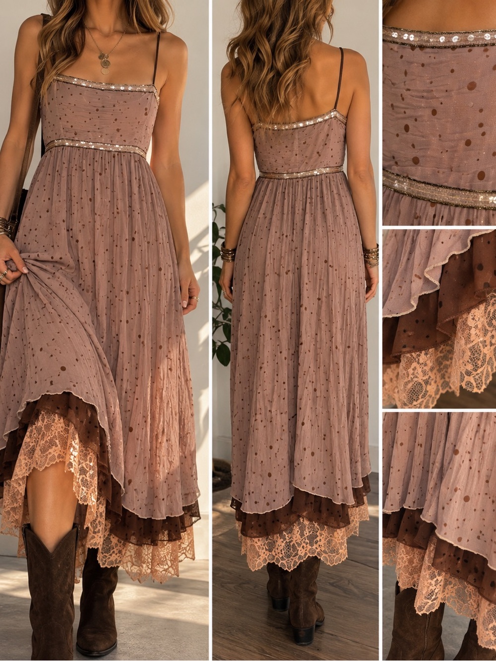 AzelHazel 100% Silk Polka Dot Layered Lace Boho Maxi Dress